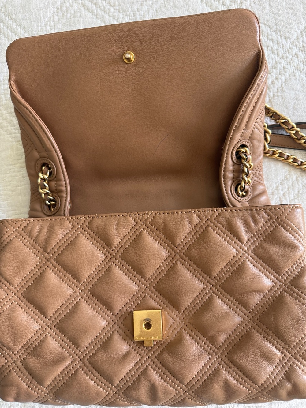 Tory Burch Fleming Soft Leather Convertible Shoulder Bag Warm Tan Gold Chain - Picture 14 of 17